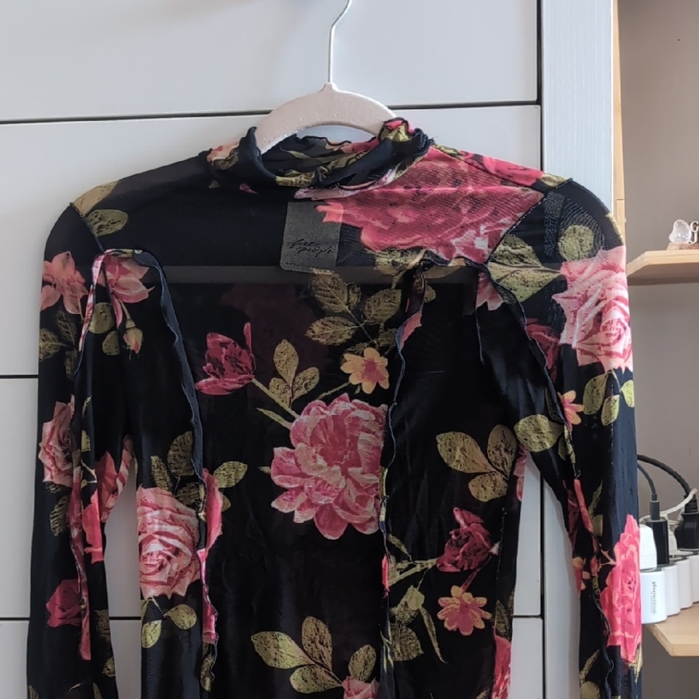 Free People Black and Pink Floral Long Sleeve Top